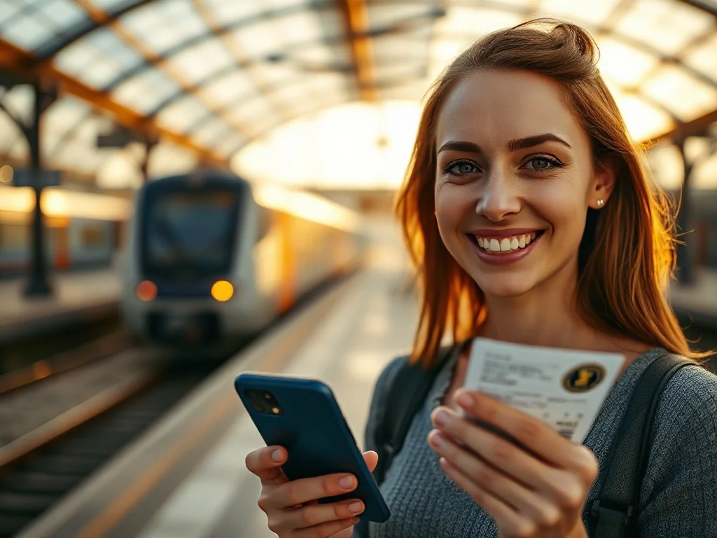 Uśmiechnięta pasażerka trzymająca bilet kolejowy i smartfon na tle słonecznego peronu dworca.