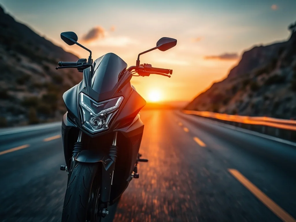 Nowoczesny motocykl sportowy zaparkowany na górskiej drodze w blasku zachodzącego słońca.