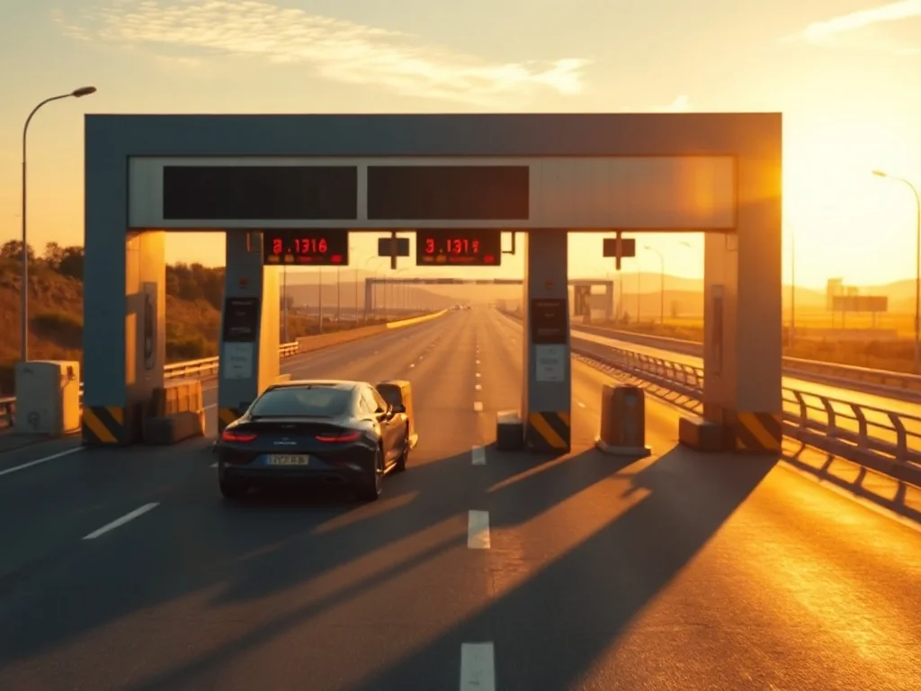 Nowoczesna bramka systemu e-TOLL na autostradzie podczas zachodu słońca, przez którą przejeżdża samochód osobowy.